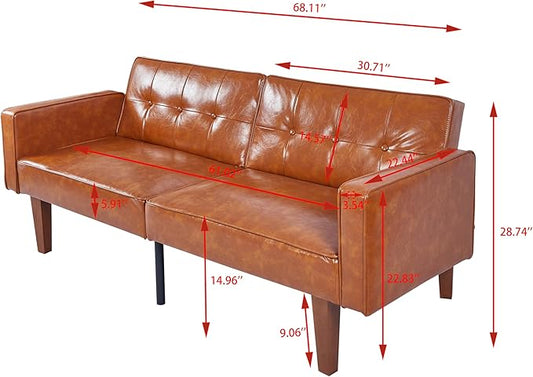 Adjustable Backrest Convertable Sofa, Modern PU Leather 2-Seat Futon Sofa, Convertible Faux Leather Sleeper Couch with Armrests, Couch for Living Room Home Office Spaces