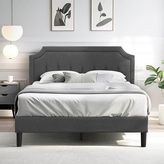 VECELO Full Upholstered Platform Bed Frame with Adjustable Button Stitched Panel Headboard,Strong Wood Slat Support,Velcro Design,Mattress Foundation/Easy Assembly,Grey