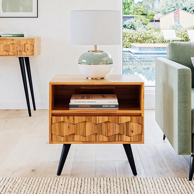 Bme Georgina Solid Wood Coffee Tables & Nightstands with Geometric Details, 2 Drawers