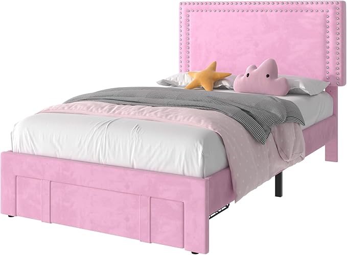 VECELO Twin Size Bed Frame with Storage Drawer, Adjustable Velvet Rivet Decor Headboard, Wooden Slats Support Platform, No Box Spring Needed, Easy Assembly
