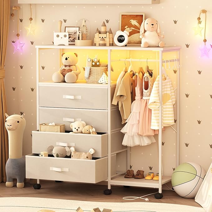 Fabric Dresser with Clothes Rack, 4 Drawers Dresser for Bedroom with Charging Station and LED Lights, Chest of Drawers with Wheels, Steel Frame, Wood Top, for Bedroom, Closet, White
