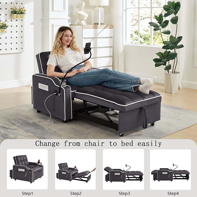 Convertible Sofa Bed, 3 in 1 Futon Sofa Bed with USB Charging Ports, Cup Holder, Phone Stand & Pocket, Modern Upholstered Sleeper Sofa for Living Room, Apartment or Small Space (Grey)