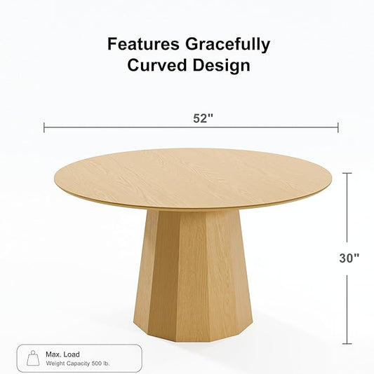 Casaphoria 52" Round Dining Table, Modern Wood Kitchen Table with Cone Shaped Strip Polygonal Base for Living Room & Dining Room, Easy Assembly Farmhouse Furniture for 4-6, Oak