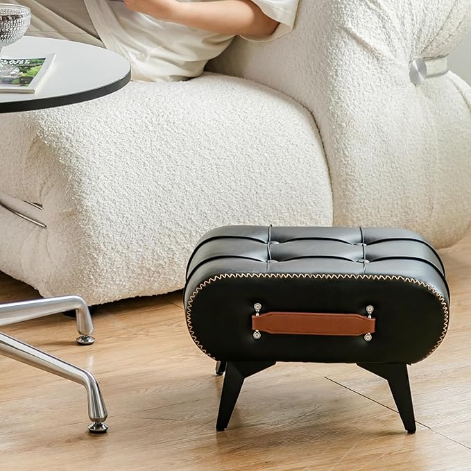Small Footstool Ottoman - Stylish and Functional Faux Leather Footrest for Extra Seating in Living Room, Entryway, or Office