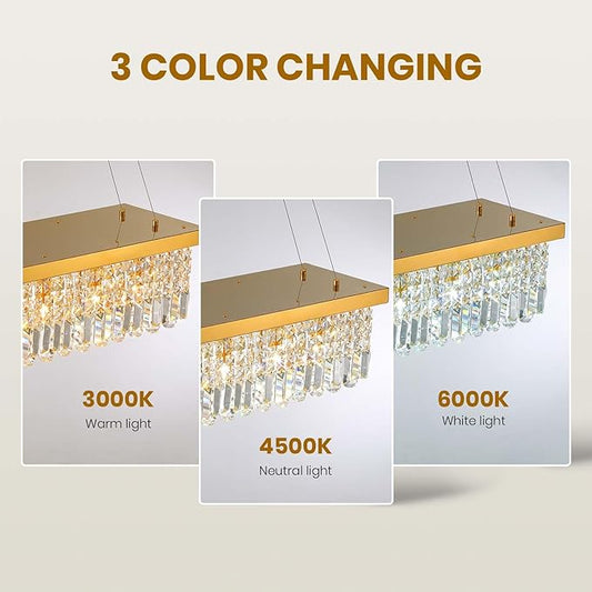 7PM Modern Gold Crystal Chandelier Rectangle Chandeliers for Dining Room Rectangular Pendant Lighting Fixture for Kitchen Island Bedroom L31.5'' x W10'' x H10''