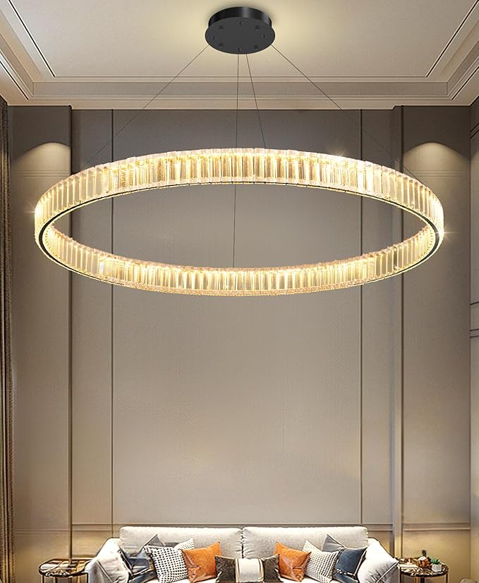 40'' Modern Ring Chandelier Crystal Chandeliers for Dining Room Round LED Dimmable Ceiling Light Fixture for Living Room Bedroom Lighting Black