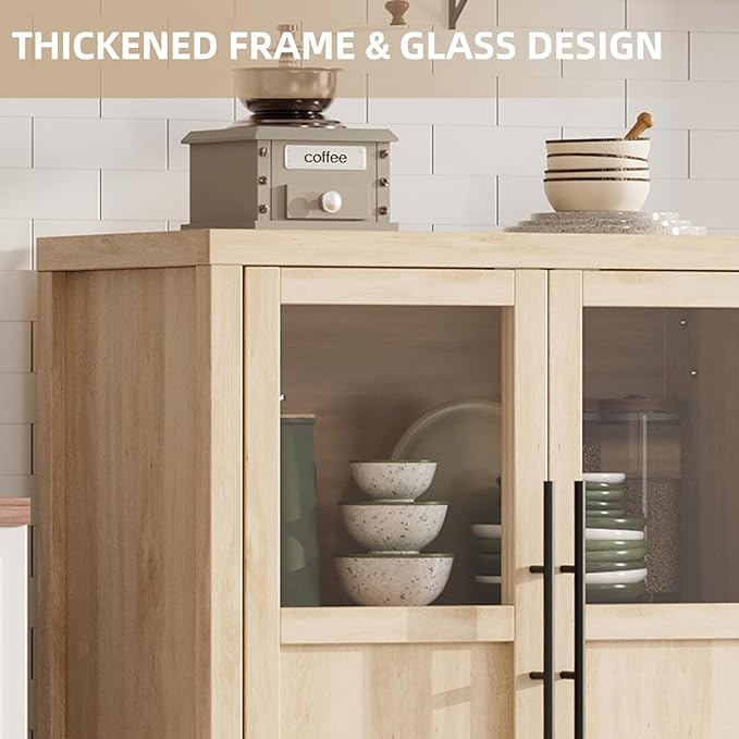 GarveeHome Sideboard Buffet Cabinet with 2 Glass Doors, 29.5 in Buffet Table Coffee Bar Wine Bar Display Cabinet for Kitchen Dining Room, Living Room (Glass with 2 Doors, Natrual)