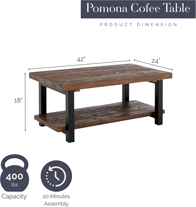 Alaterre Furniture Pomona Living Room Collection – 42 Inch Rectangular Solid Wood Coffee Table with Storage Shelf & Metal Legs – Rustic Industrial Farmhouse Living Room Table (Rustic Brown)