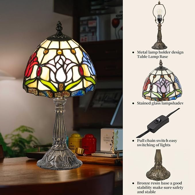 Tiffany Style Lamp,3 Color-Temperature Flower Stained Glass Lamp,8 Inch Tiffany Table Lamp for Bedroom Living Room Home, Handcrafted Light, Included Bulb