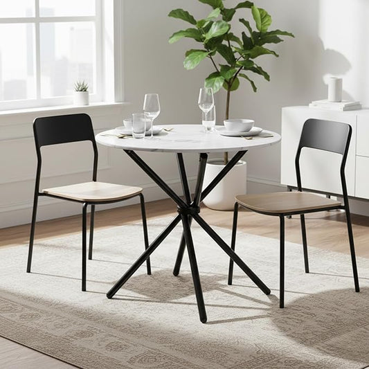 FurnitureR 31.5-Inch Round Dining Table for 2-4 People, Multifunctional Wooden Table for Cafe Restaurant Home Kitchen Dining Room, Unique Intersecting Pedestal Base and Metal Legs, White Marble