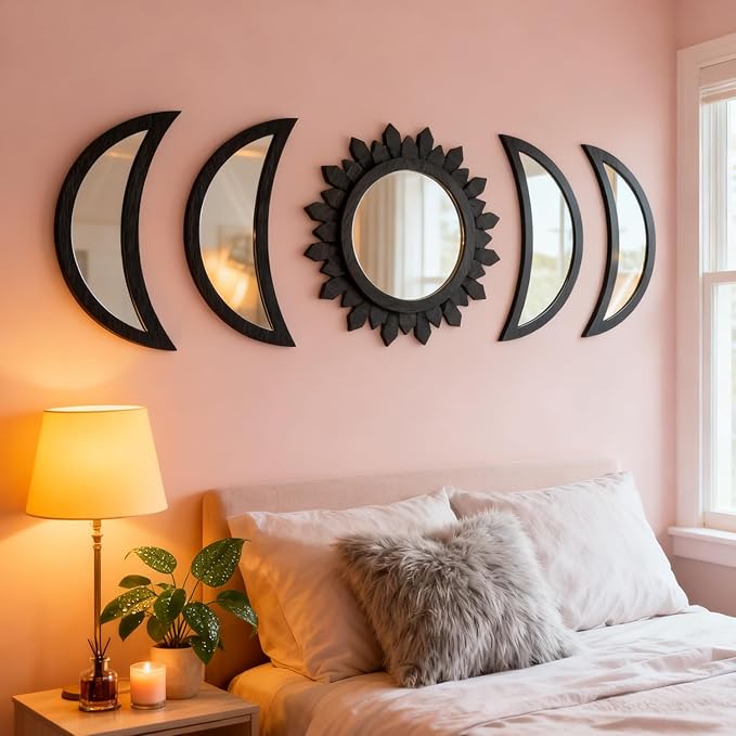 5 Pieces Moon Phase Mirror Wall-Mounted Wall Decor Mirrors Natural Wooden Sunburst Bohemian Wall Art for Home Living Room Bedroom Decoration