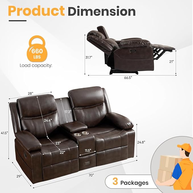 Loveseat Recliner Sofa with Massage & Heating, Reclining Loveseat with Console, RV Wall Hugger Double Loveseat Recliner Couch for Living Room & Home Theater (Brown)