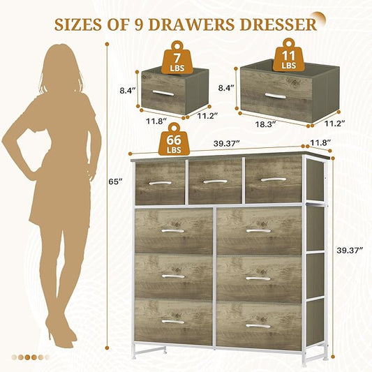 Dresser with 9 Drawers for Bedroom, Fabric Clothes Cabinet for Closet, Anti-Tip Storage Dresser with Metal Frame for Living Room, Entryway, Dorm, Greige Oak