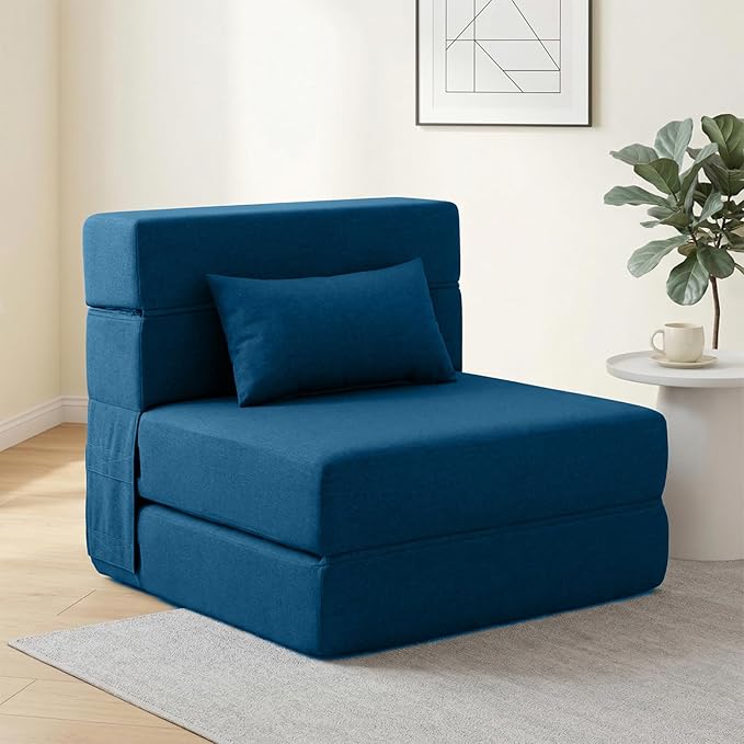SUYOLS Folding Sofa Bed with Pillow- Convertible Chair Floor Couch & Sleeping Mattress, Foldable Memory Foam Sleeper for Living Room/Dorm/Guest Room/Home Office/Apartment/Loft, Single28,Navy Blue