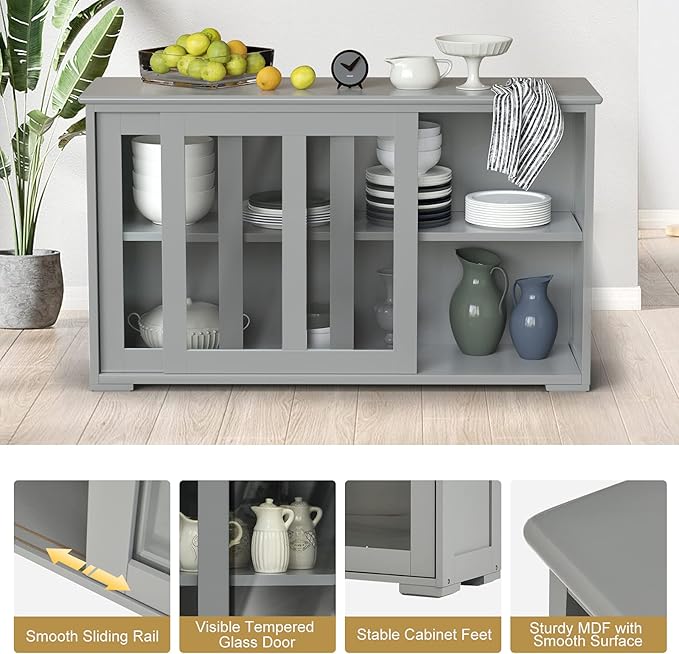 Byroce Sideboard Buffet Cabinet, Stackable Storage Coffee Bar Cabinet with Adjustable Shelf & Glass Sliding Doors, Wood Cupboard Credenza Console Table for Kitchen Dining Living Room (1, Grey)