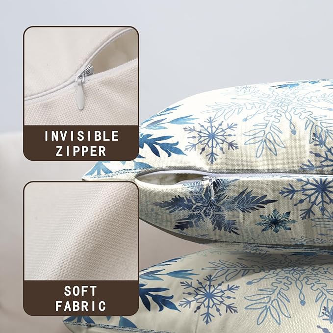 Set of 2 Winter Snowflake Pillow Covers Blue Christmas Decorative Throw Pillow Cases 24x24 Inch Farmhouse Xmas Holiday Outdoor Cotton Linen Pillowcase for Living Room Couch Sofa Decor