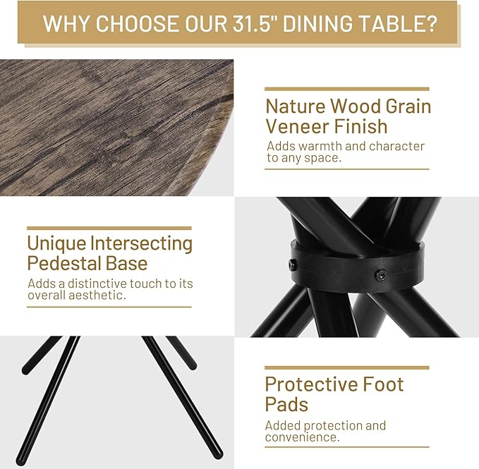 FurnitureR 31.5" Round Dining Table for 2-4 People, Vintage Wood Kitchen Table with Unique Intersecting Pedestal Base and Metal Legs for Home Office Living Room Kitchen, Vintage Brown