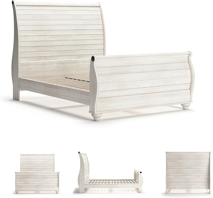 Signature Design by Ashley Willowton Vintage Queen Sleigh Bed with Metal Slats, Foundation or Box Spring Needed, Whitewash