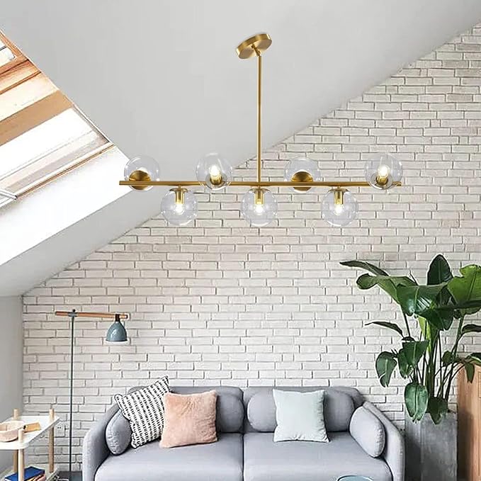KCO Lighting 7-Light Clear Glass Globe Sputnik Chandelier Mid Century Modern Pendant Hanging Light Gold Brass for Kitchen Island Dining Living Room