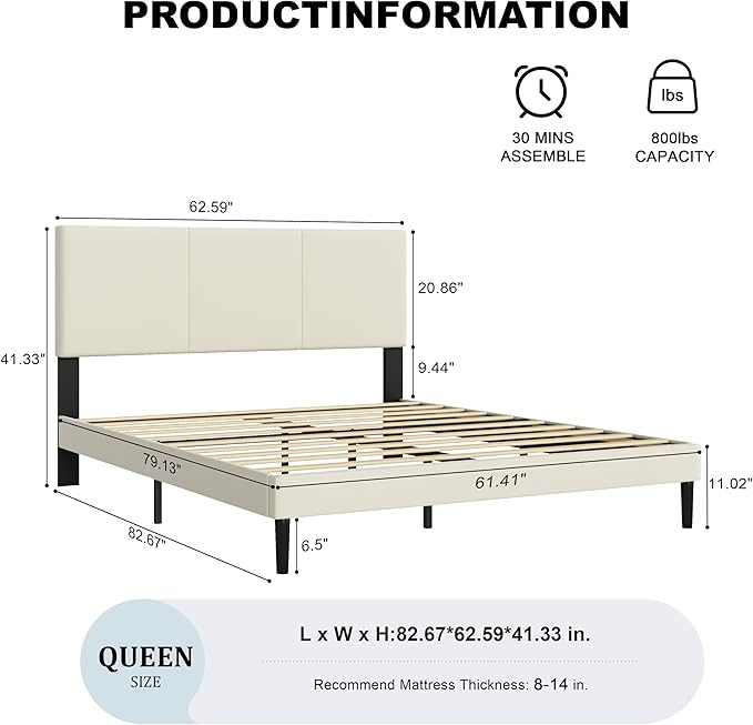 Queen Size Bed Frame with Upholstered Headboard, Sturdy Wood Slats, No Box Spring Required, Silent, Easy Assembly, Beige
