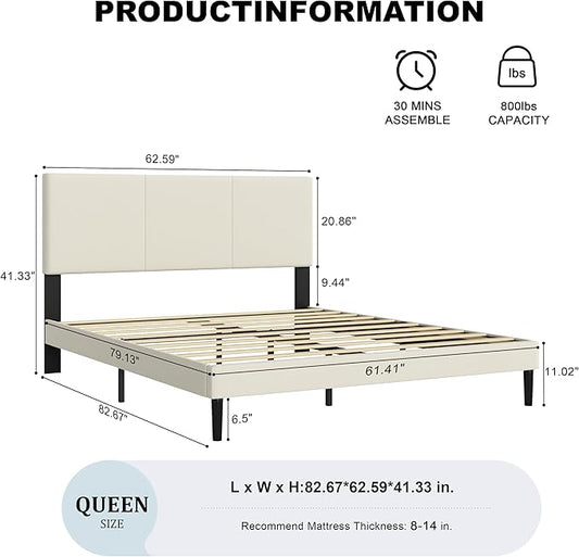 Queen Size Bed Frame with Upholstered Headboard, Sturdy Wood Slats, No Box Spring Required, Silent, Easy Assembly, Beige