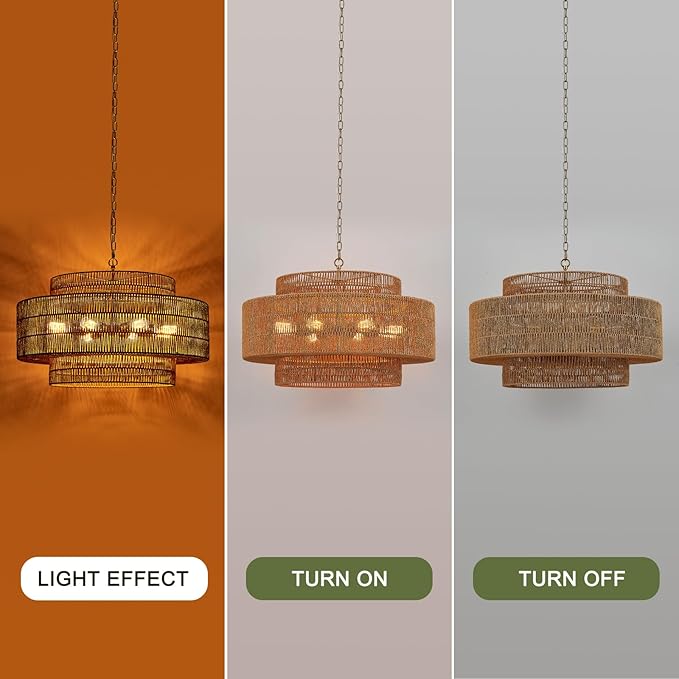 31” Large Rattan Chandelier Light Fixture 8-Light Vintage Farmhouse Hand-Woven Boho Bamboo Rattan Chandelier 3-Tier Drum Wicker Gold Chandeliers for Dining Room, Kitchen, Living Room