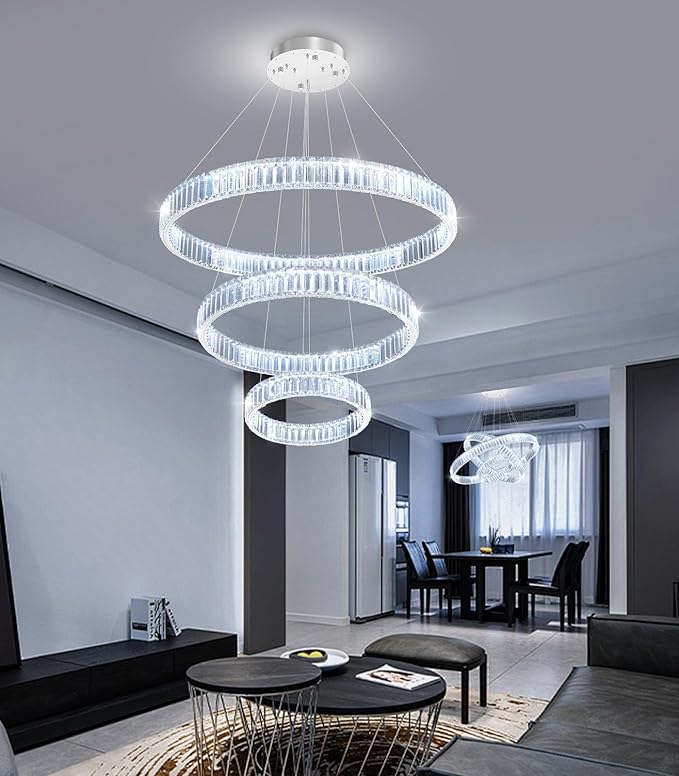 24''+16''+8'' Modern Ring Chandelier Crystal Chandeliers for Dining Room Round LED Dimmable Ceiling Light Fixture for Living Room Bedroom Lighting Silver