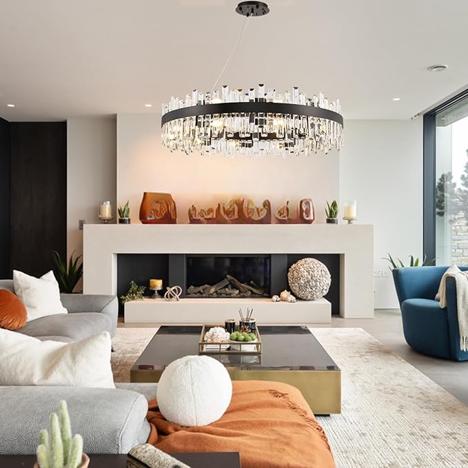 CROSSIO 20-Light Modern Large Crystal Chandelier Black Round 2-Tiers Raindrop Chandelier Luxury Flush Mount Hanging Ceiling Light for Dining Living Room Entryway Foyer Stairway D39.4''