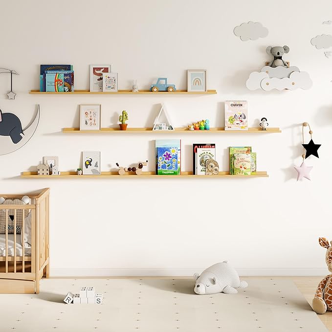 Fun Memories Picture Ledge Shelf, 40 Inch Floating Shelves Set of 2, Large Nursery Book Shelves for Toys Storage, Kids Bookshelf Wall Mounted for Wall Decor Books Photo Frames, Oak