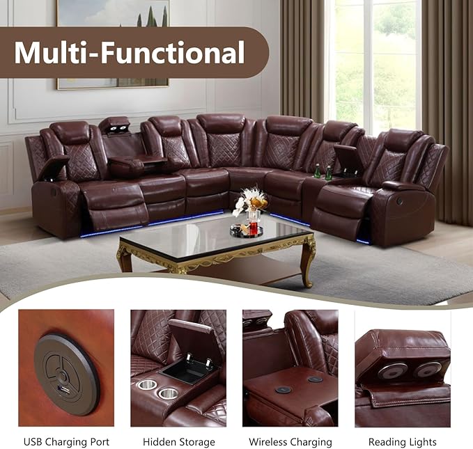 Power Recliner Sectional Sofa with LED Lighting, Breathing Leather Corner Couch with USB Port and Storage Console, Cup Holders, Reading Light – Home Theater & Living Room Seating (Red)
