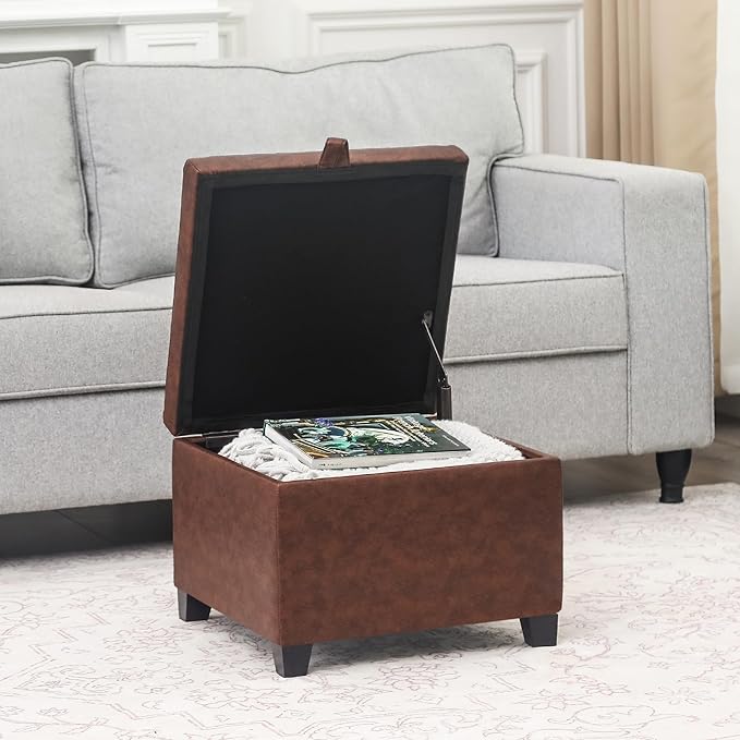 Adeco Faux Leather Storage Ottoman, 17.5" Square Cube Foot Stool with Hinged Lid & Wood Legs, Upholstered Button Tufted Footrest for Living Room, Bedroom Entryway, Reddish Brown