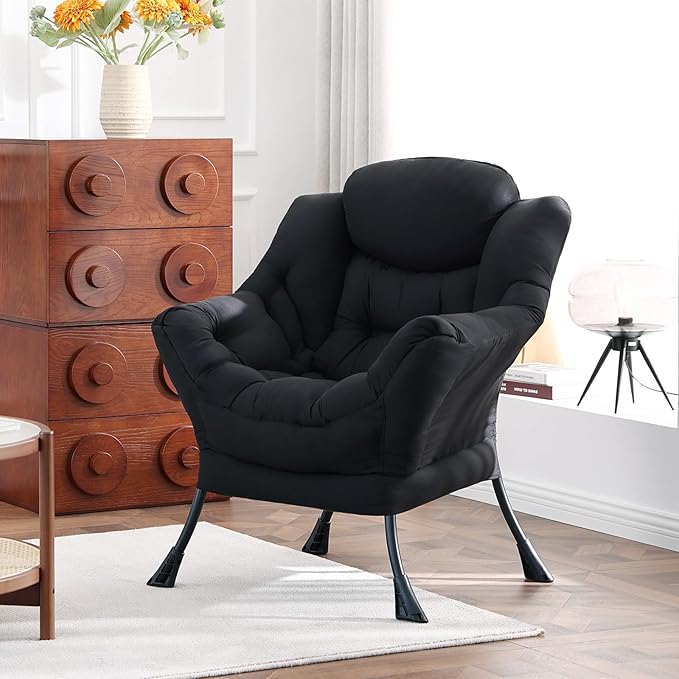 Lazy Chair, Large Accent Chair, Modern Comfy Armchair, Black Chair for Living Room Bedroom Dorm Room Office Apartment Reading Relaxing Use