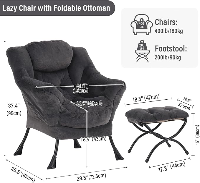 Lazy Chair with Ottoman, Modern Chair with Folding Footrest, Plush Navy Accent Chair, Comfortable Reading Chair, Oversized Armchairs for Bedroom, Study, Living Room, Courtyard