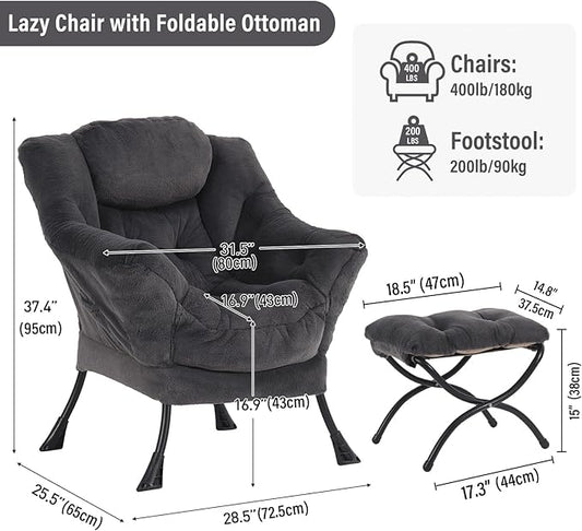 Lazy Chair with Ottoman, Modern Chair with Folding Footrest, Plush Navy Accent Chair, Comfortable Reading Chair, Oversized Armchairs for Bedroom, Study, Living Room, Courtyard