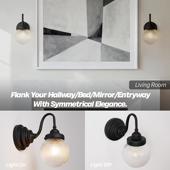 Curved Arm Wall Sconce Lighting with Clear Ribbed Glass Globe Shade, Vintage Brass Bathroom Wall Light Fixtures for Kitchen Living Room Bedroom Farmhouse