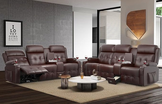 Recliner Sofa, 3 Sets of Massage Reclining 3 Seater Sofa Sets Heavy Weight Capacity, RV Loveseat Couch Clearance with Console, USB, Type C Port, Storage, Cup Holders, Wall Hugger Chair for Living Room