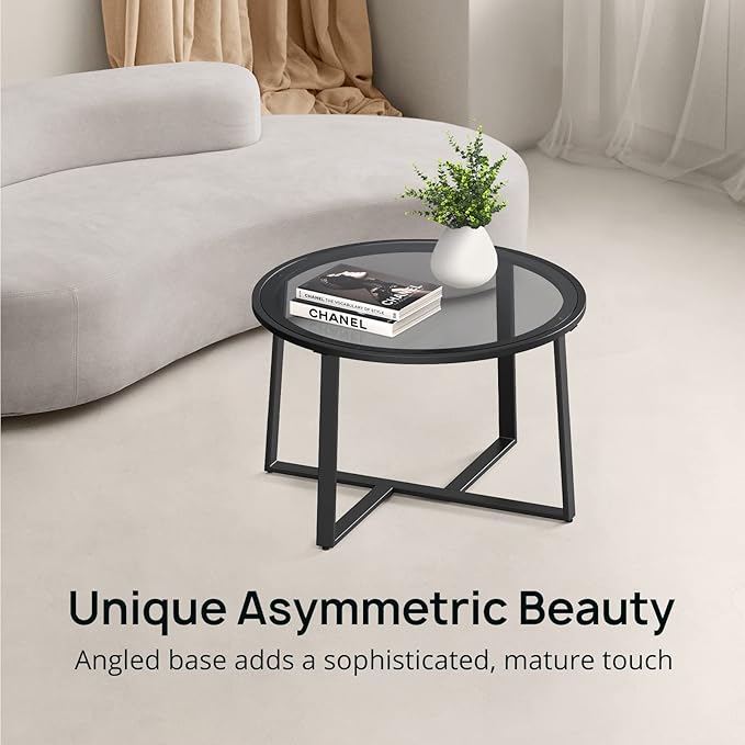 Evajoy Coffee Table, 27.6" Round Coffee Table with Tempered Glass Surface, Center Table for Living Room, Dining Room, Tea, Home Décor,Black