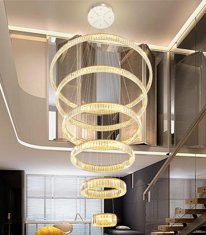Large Ring Chandelier Modern Crystal Chandeliers for High Ceiling Round LED Dimmable Ceiling Light Fixture for Foyer Long Stair Silver 8''+16''+24''+32''+40''+47''