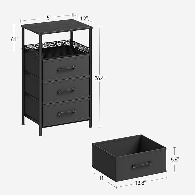 Nightstand Set of 2, Night Stands with 3 Fabirc Drawers, 26.4 Inch Tall Bedside Table with Metal Shelf, Modern Side End Table Storage Furniture, Small Dresser for Bedroom, Black