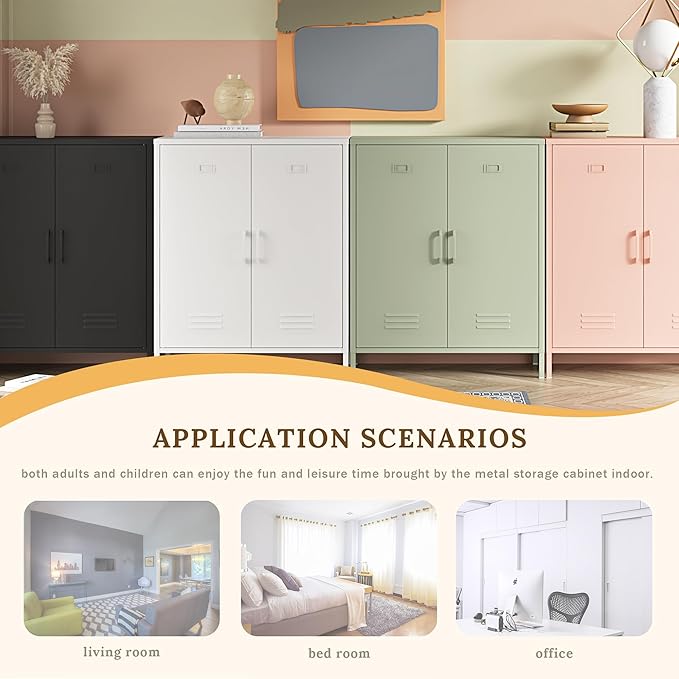 Metal Storage Cabinet with 2 Door, Steel Locker Sideboard Buffet Cabinet Console Table for Home Office (White, H35.43'')