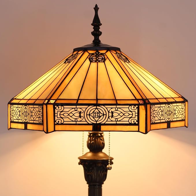 WERFACTORY Tiffany Floor Lamp Yellow Hexagon Stained Glass Mission Standing Reading Light 16X16X64 Inches Antique Pole Corner Lamp Decor Bedroom Living Room Home Office S011 Series
