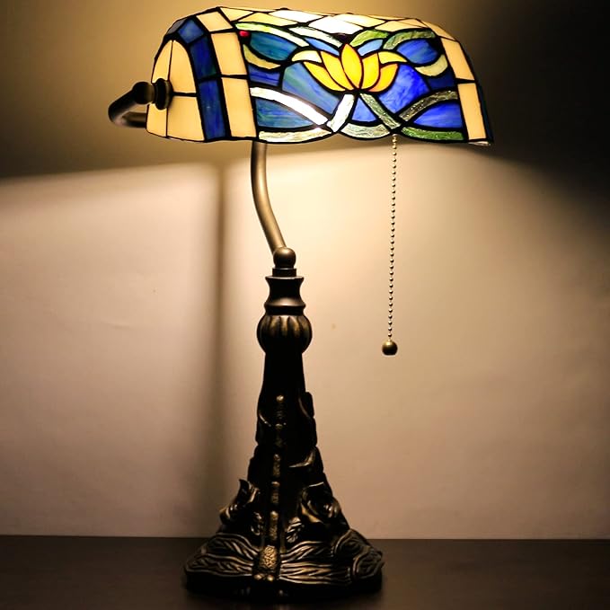 Tiffany Banker Lamp Small Stained Glass Table Lamp Tiffany Style Piano Light Blue Yellow Lotus Style Desk Lamp Angle Adjustable 10.6X15.7 Inch for Home Office Living Room Bedroom