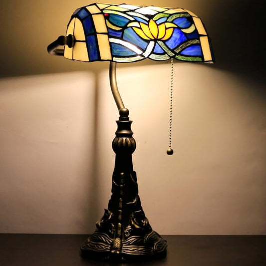 Tiffany Banker Lamp Small Stained Glass Table Lamp Tiffany Style Piano Light Blue Yellow Lotus Style Desk Lamp Angle Adjustable 10.6X15.7 Inch for Home Office Living Room Bedroom