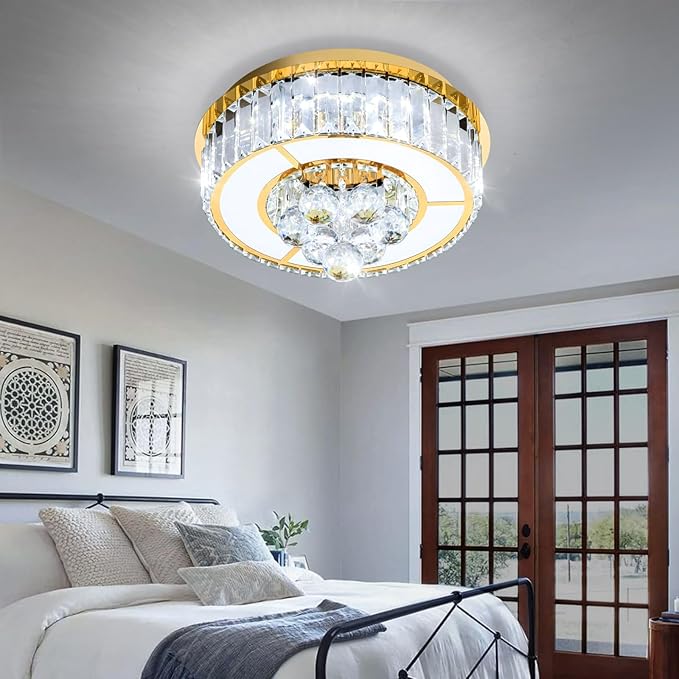 11.8'' Gold Modern Crystal Chandeliers for Dining Room LED Dimmable Light Fixtures Flush Mount Light Living Room Bedrooms