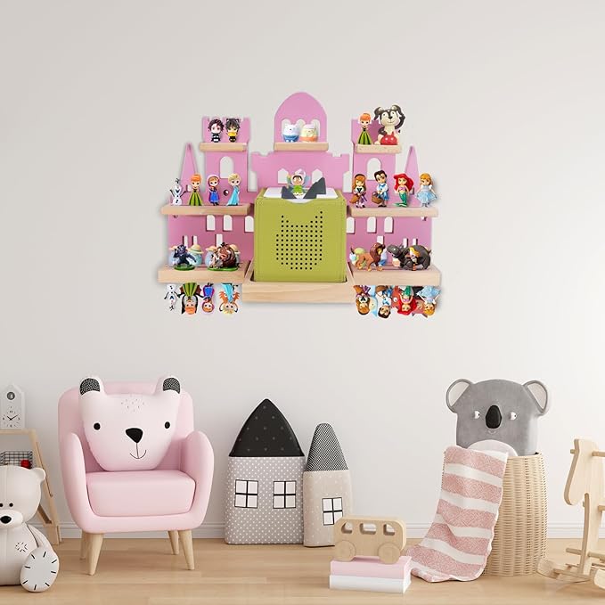 Tonie Shelf for Toniebox, Castle Tonie Shelf,Tonie Figures Tonie Storage,Magnetic Wooden Floating Shelves Compatible with Tonie Box Player Character for Kids Room (Pink)