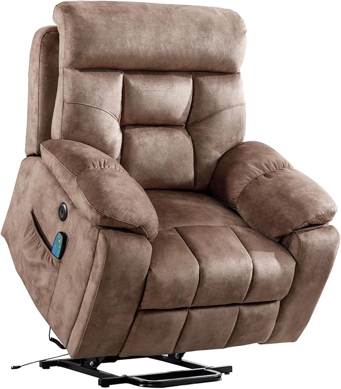 EBELLO Power Lift Recliner Chair with Massage and Heat, Soft Fabric Massage Recliner for Adults with Hidden Cup Holders, Side Pocket, Overstuffed Single Sofa for Living Room, Brown