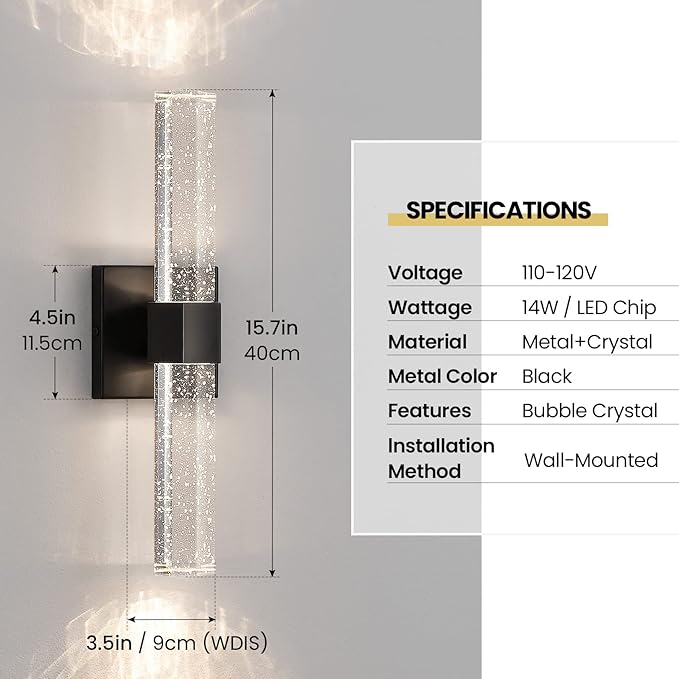 Black Sconces Wall Lighting - Modern Wall Sconces Set of Two Crystal Sconces Wall Decor Set of 2, 14W 3000K Dimmable Bathroom Vanity Light Fixtures for Hallway Bedroom Living Room
