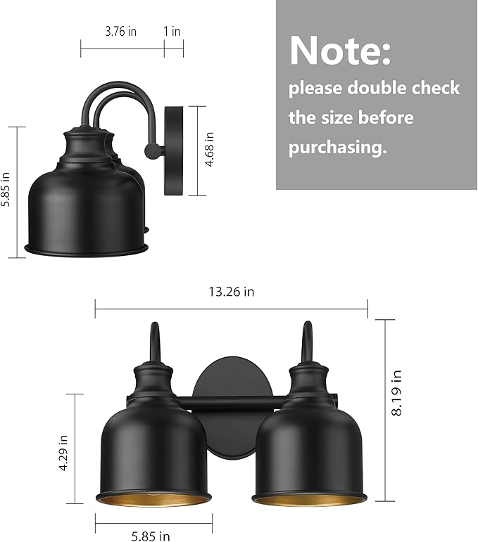 Bathroom 2-Light Vanity Fixture Farmhouse Wall Sconce with Matte Black Metal Shade Industrial Wall Lights for Bedroom,Kitchen,Living Room,Hallway
