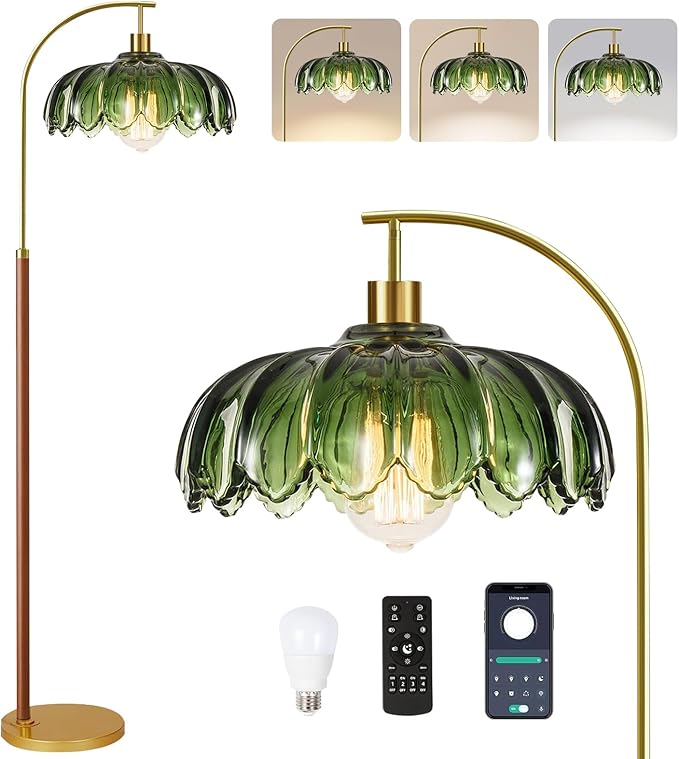 Wood Floor Lamps for Living Room,Gold Floor Lamp with Remote Control & Glass Lampshade,Arc Flower Lamp Dimmable Mid Century Modern Standing Lamp Vintage Brass Tall Floor Lamp For Bedroom Corner