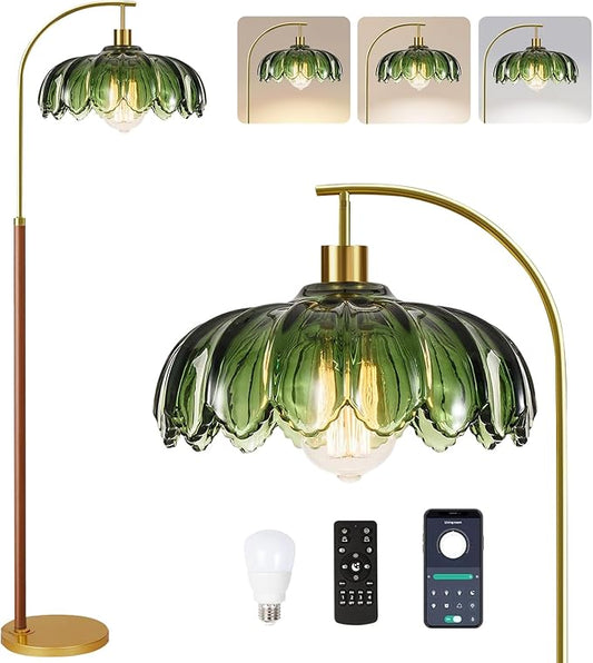 Wood Floor Lamps for Living Room,Gold Floor Lamp with Remote Control & Glass Lampshade,Arc Flower Lamp Dimmable Mid Century Modern Standing Lamp Vintage Brass Tall Floor Lamp For Bedroom Corner